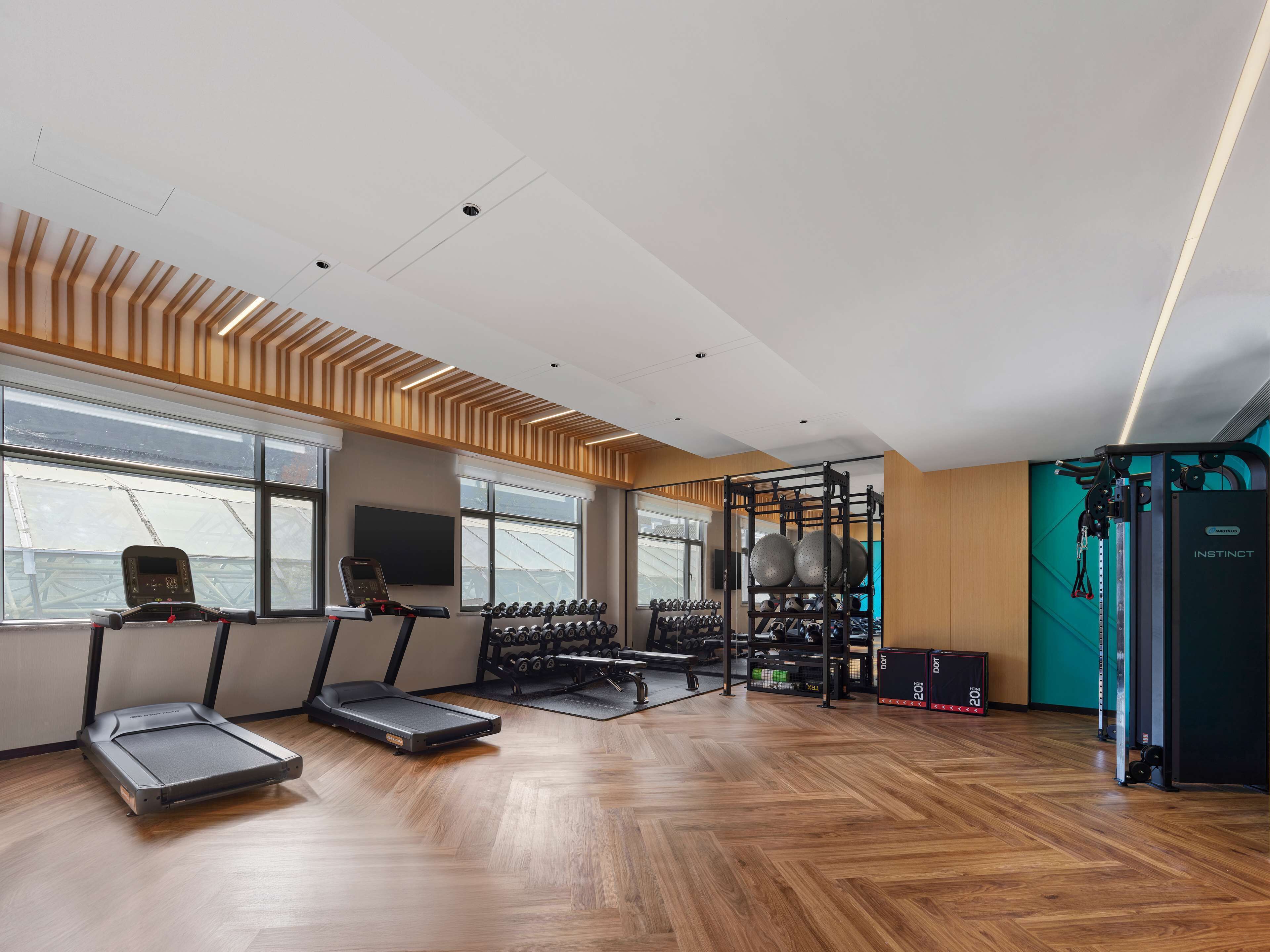 A modern gym with treadmills, dumbbells, and a pull-up bar area.