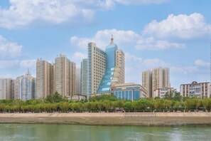 Horizonte urbano con rascacielos, una zona costera y un parque con árboles.