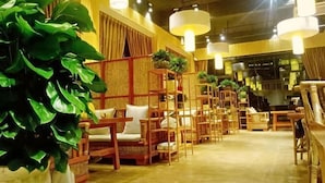 Um hall de hotel com móveis de madeira, plantas em vasos e luminárias pendentes.