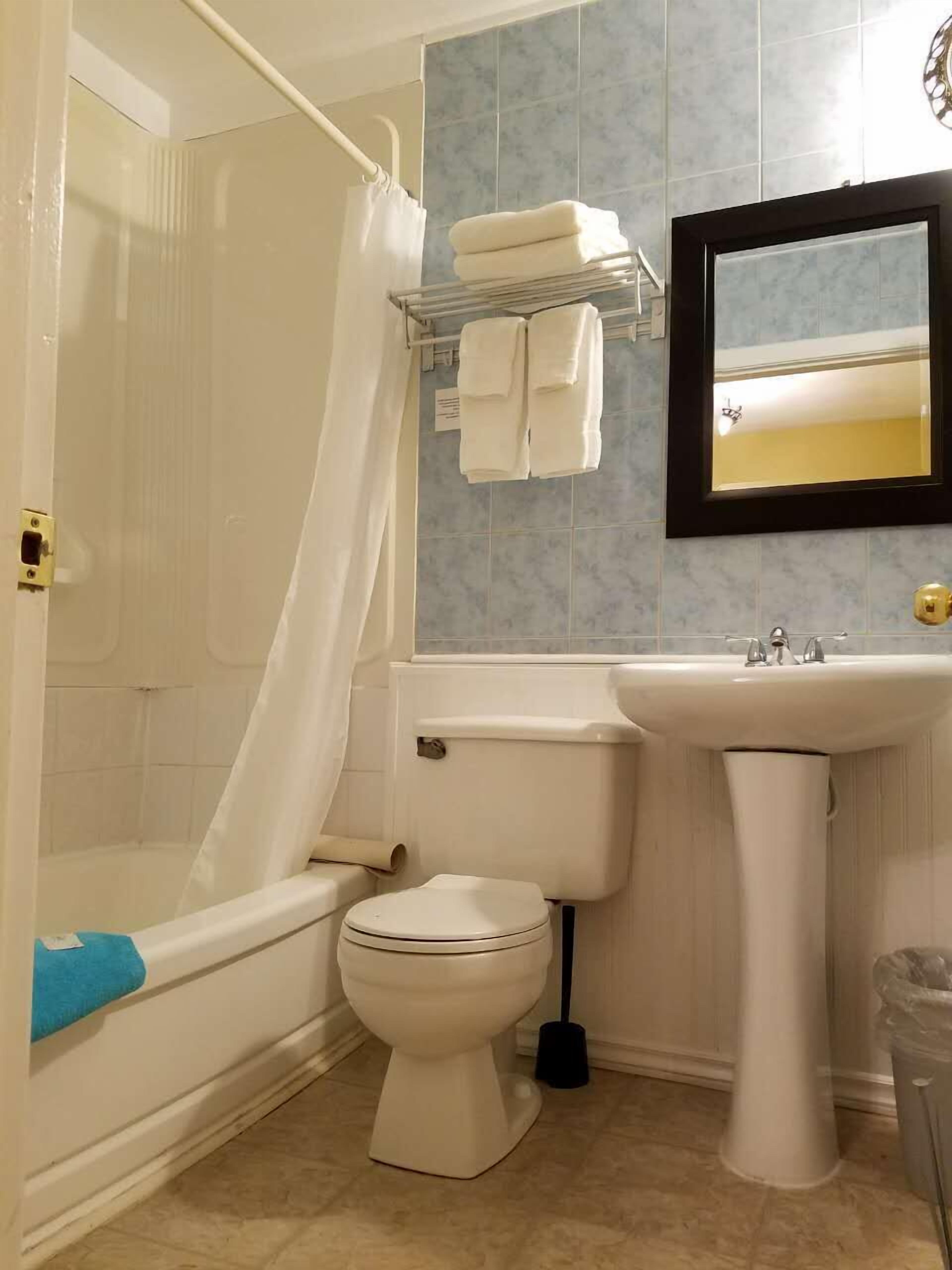 A bathroom with a shower, toilet, sink, and towel rack.