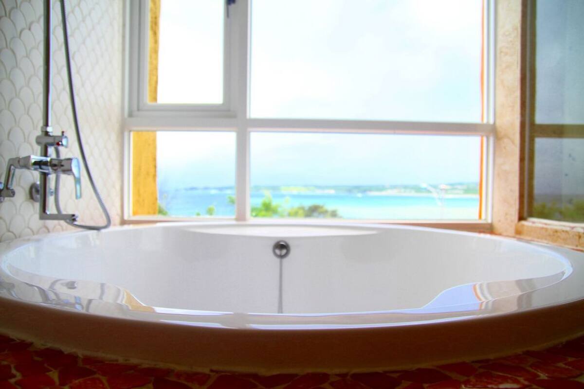 A bathroom with a large bathtub, a showerhead, and a window with a view of the sea.