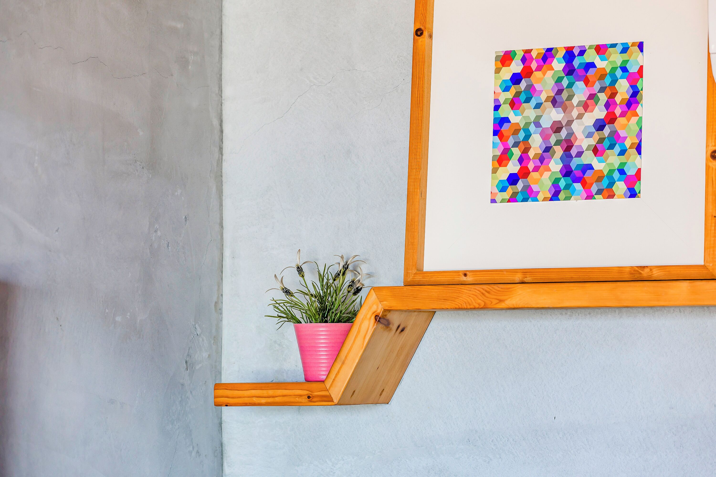 A framed artwork on a wall, a wooden shelf with a potted plant, and a concrete wall.