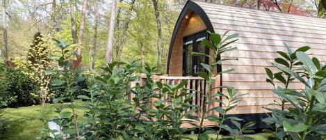 A wooden cabin with a curved roof, surrounded by lush greenery and trees.