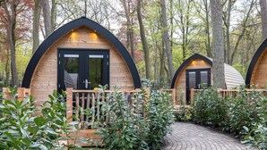 Dos cabañas de madera con detalles negros, rodeadas de un bosque y un sendero pavimentado.
