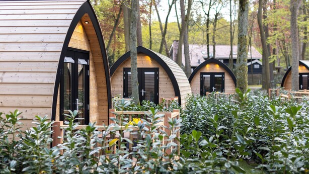 Una hilera de cabañas de madera con puertas arqueadas, rodeadas de follaje denso.