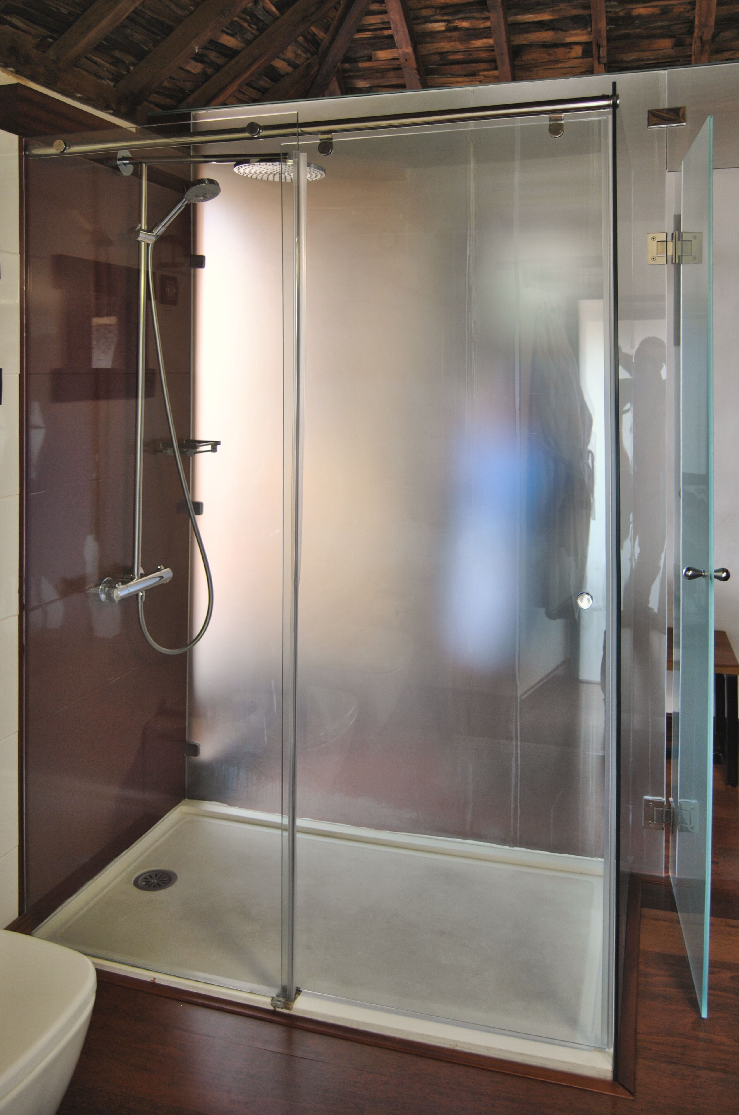 A glass-enclosed shower with a showerhead and handheld shower.