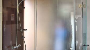 A glass-enclosed shower with a showerhead and handheld shower.