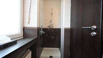 A modern bathroom with a glass shower enclosure, a toilet, and a sink.