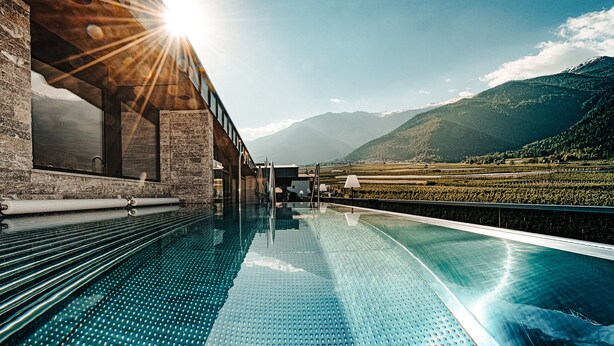 A swimming pool with a clear view of the surrounding landscape, including mountains and a vineyard. - Dolce Vita Hotel Jagdhof (Laces)