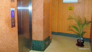 Un ascenseur doté d’un écran numérique, un panneau indiquant les escaliers menant au troisième étage, et une plante en pot dans le hall d’entrée.