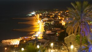 Hotel frente al mar con terraza al aire libre, palmeras y vista al océano.