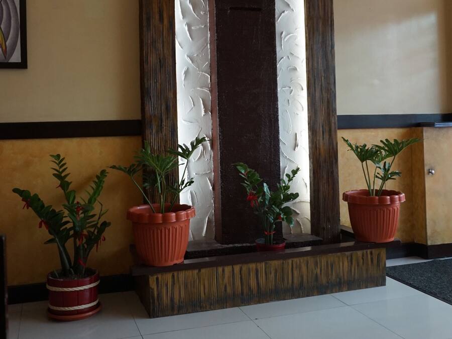 A reception area with a decorative wall, potted plants, and a tiled floor.