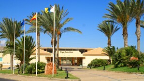 Entrada de hotel con palmeras, banderas y cielo despejado.