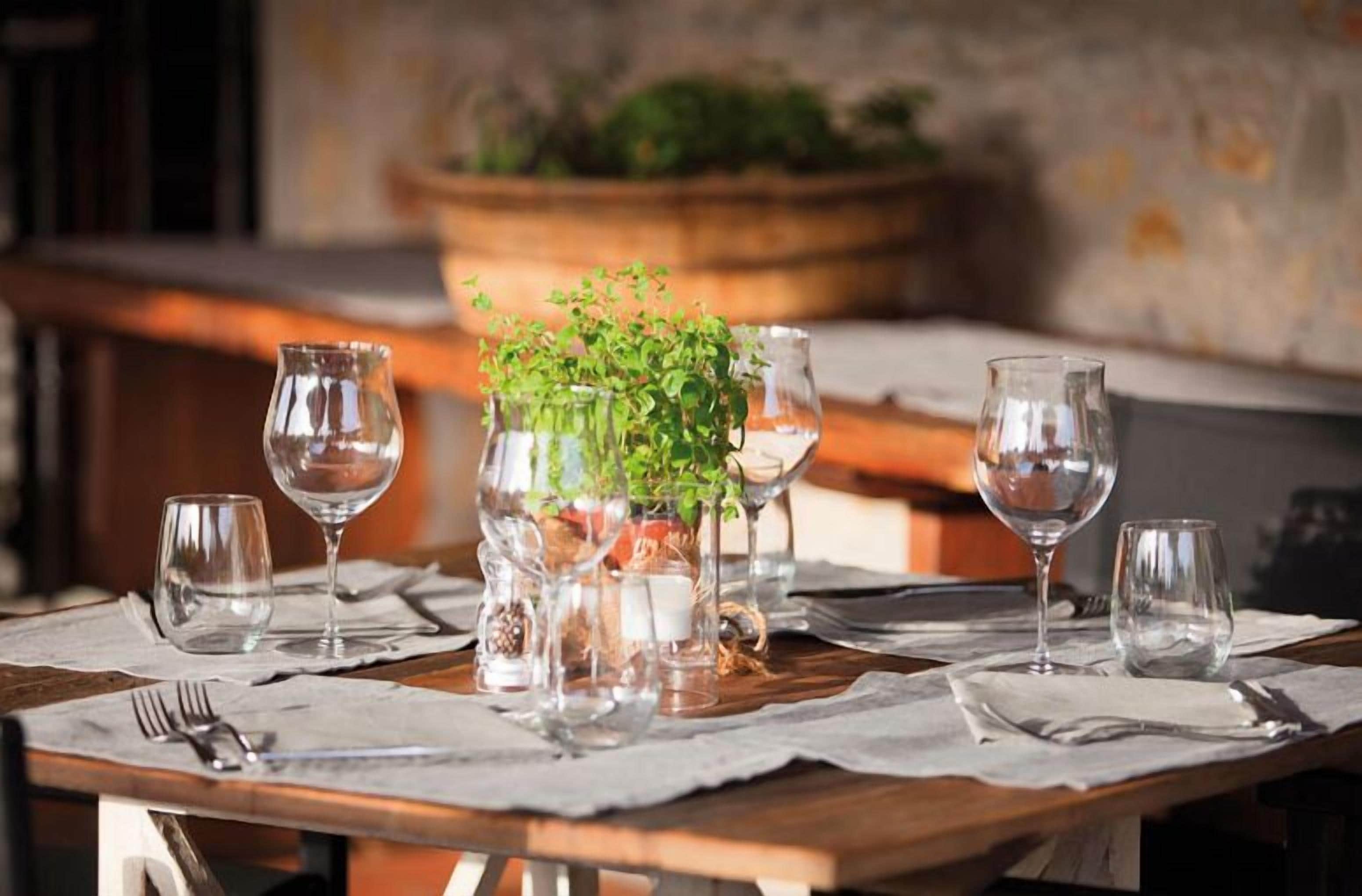 Une table à manger dressée avec de la vaisselle en verre transparent, un centre de table composé de plantes vertes et une table en bois rustique.