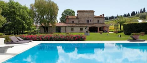 Outdoor pool, pool umbrellas, pool loungers