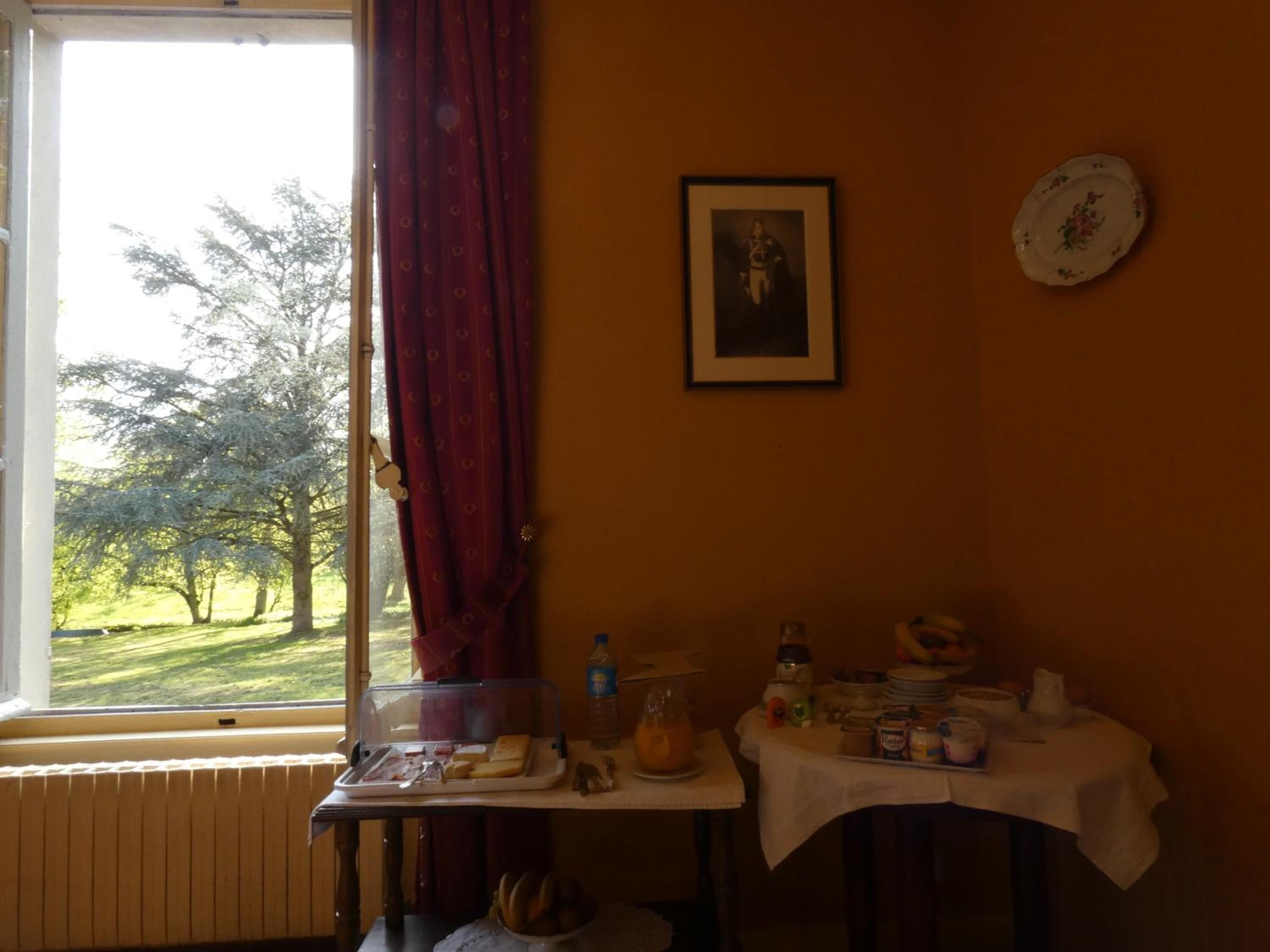 Ein Zimmer mit gedecktem Tisch für das Frühstück, einem Fenster mit Blick auf Bäume und einem Bilderrahmen an der Wand.
