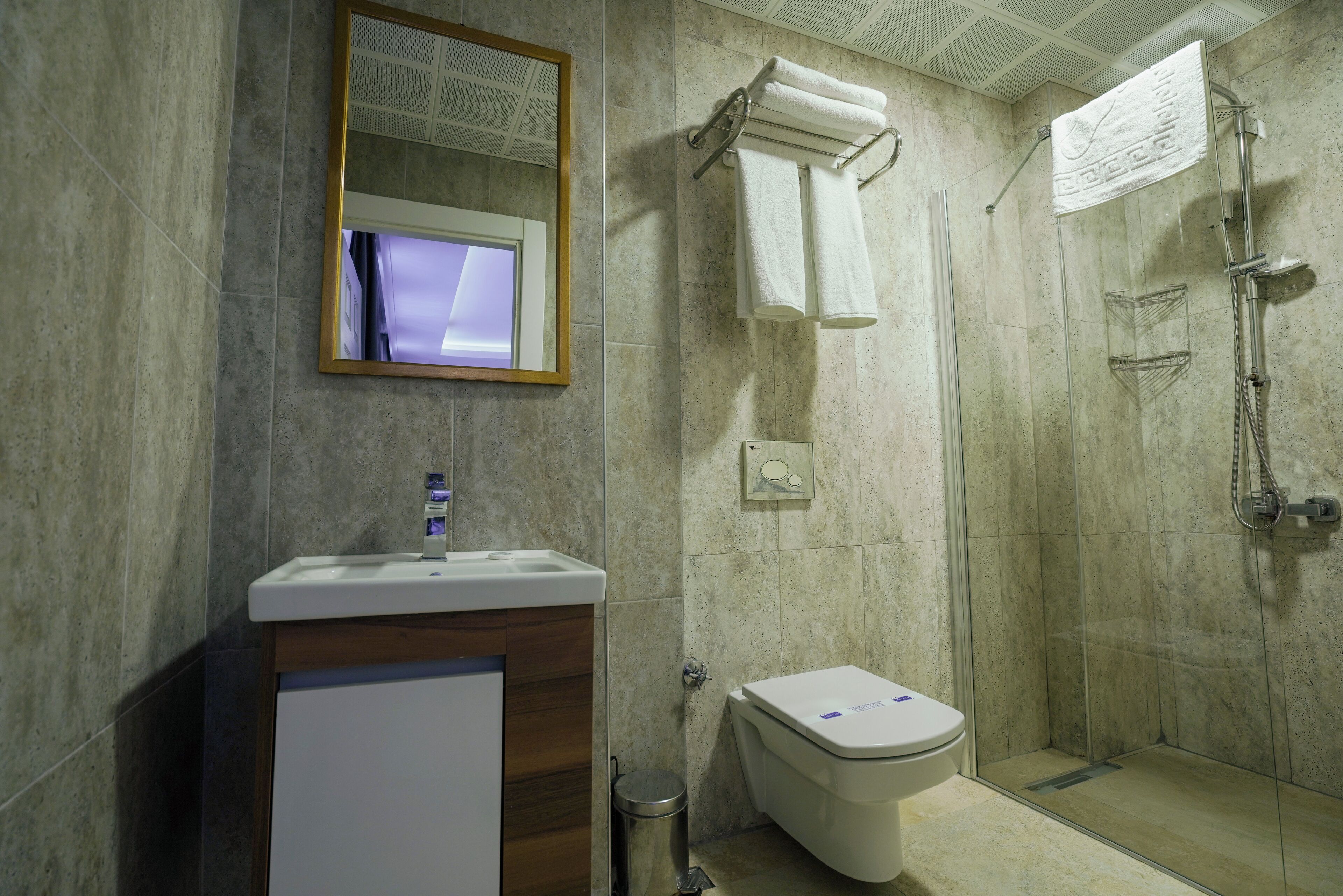 Un baño con lavamanos, espejo, inodoro y ducha.