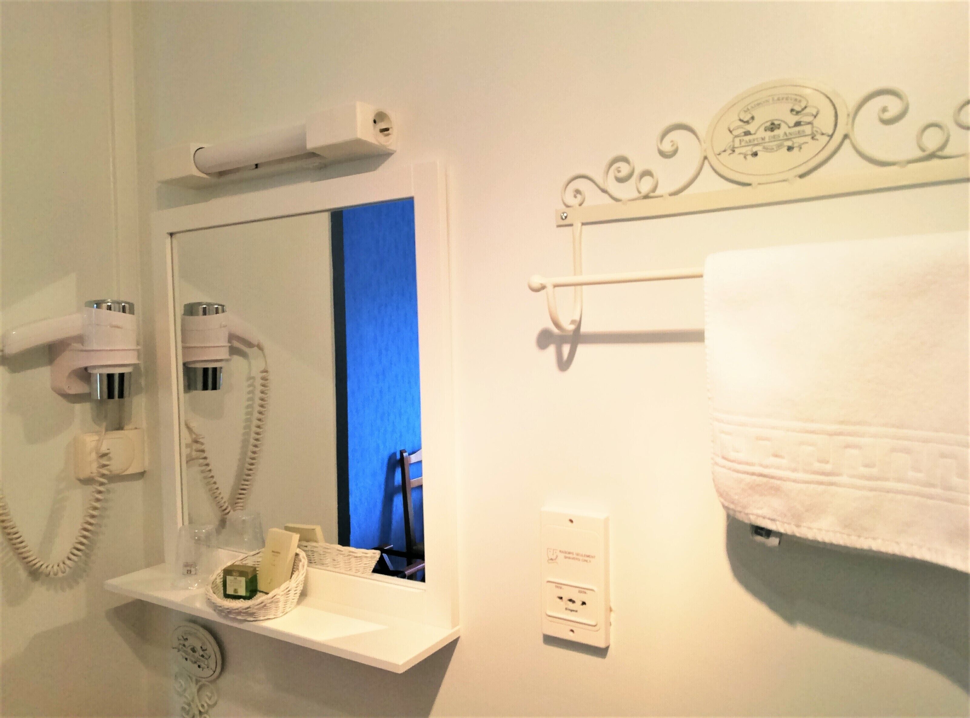 free toiletries, hair dryer, towels, toilet paper