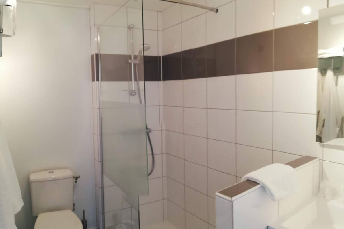 free toiletries, hair dryer, towels, toilet paper