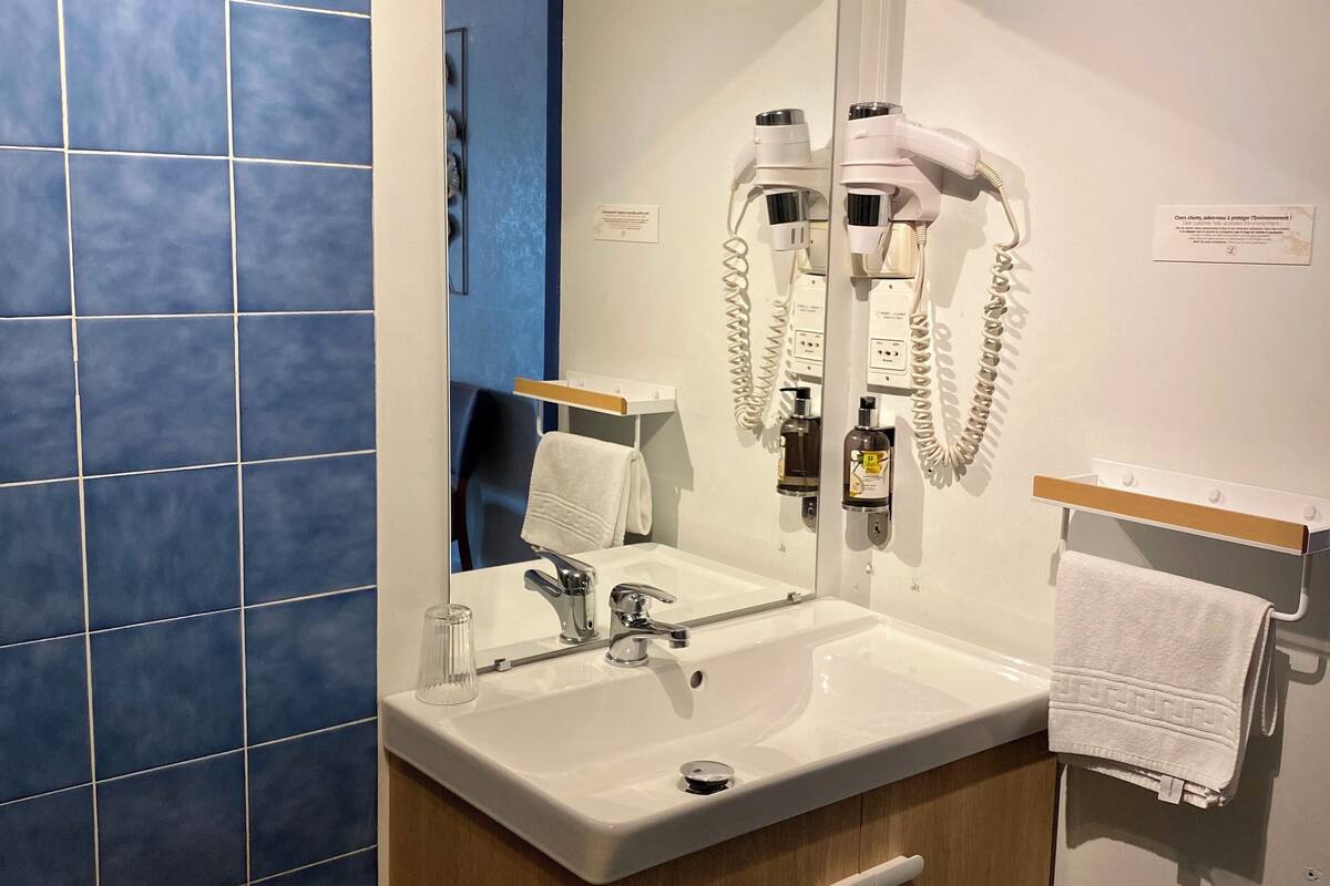 free toiletries, hair dryer, towels, toilet paper