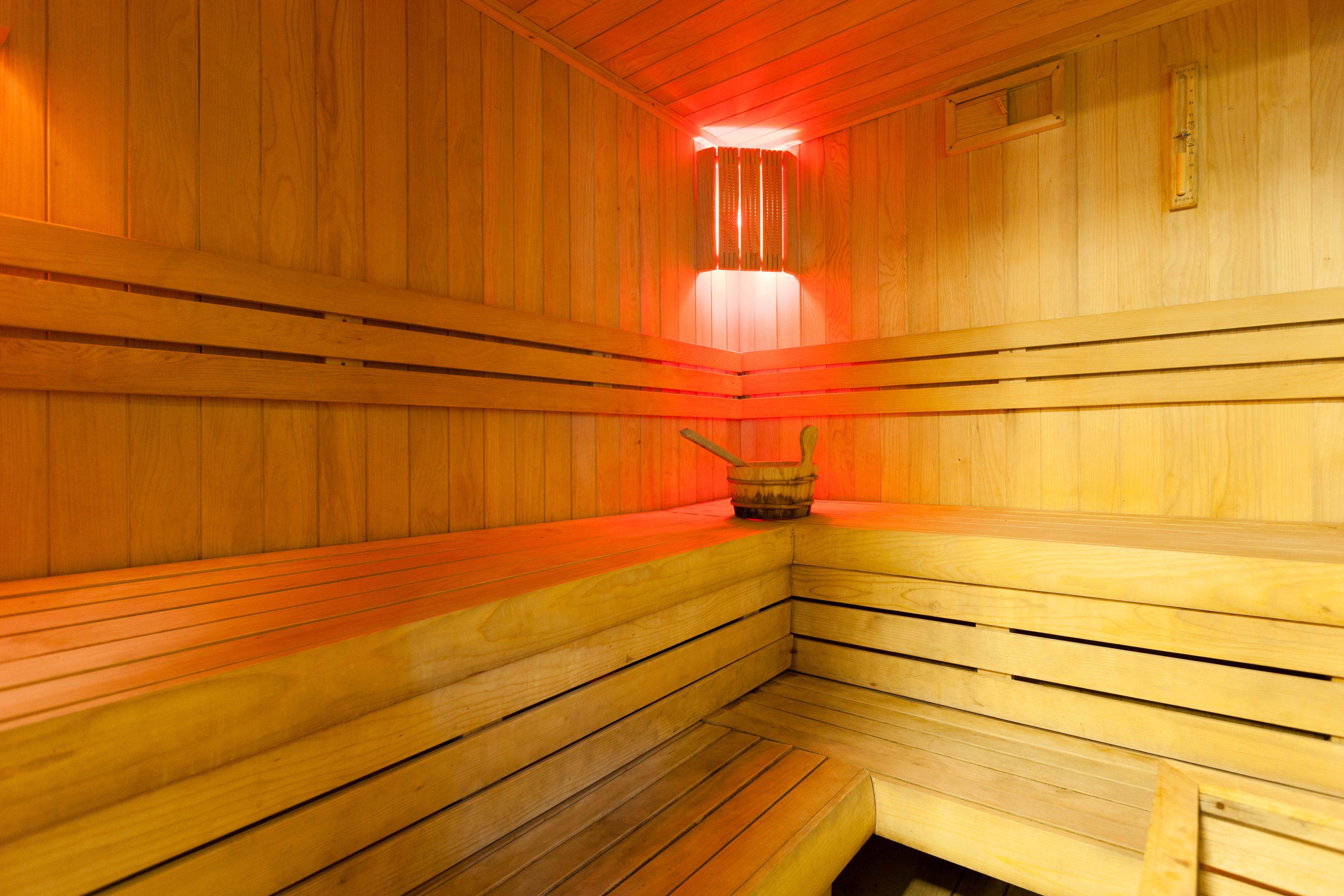 Un sauna avec des bancs en bois et un système de chauffage central.
