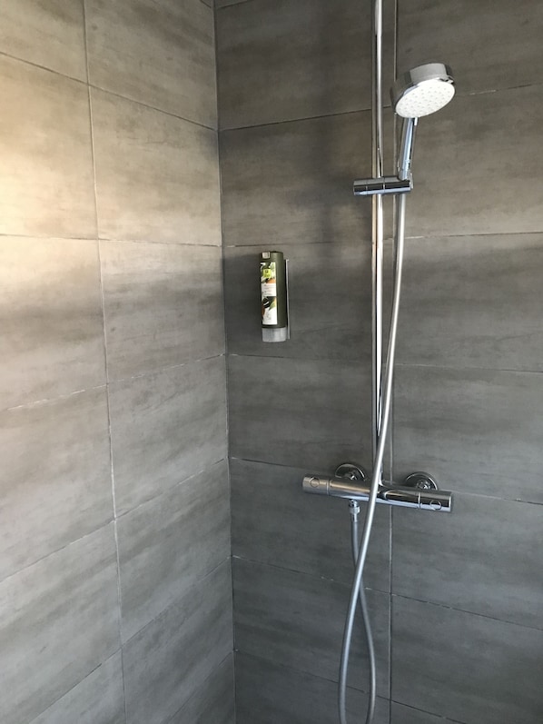 A shower with a handheld showerhead and a wall-mounted control.