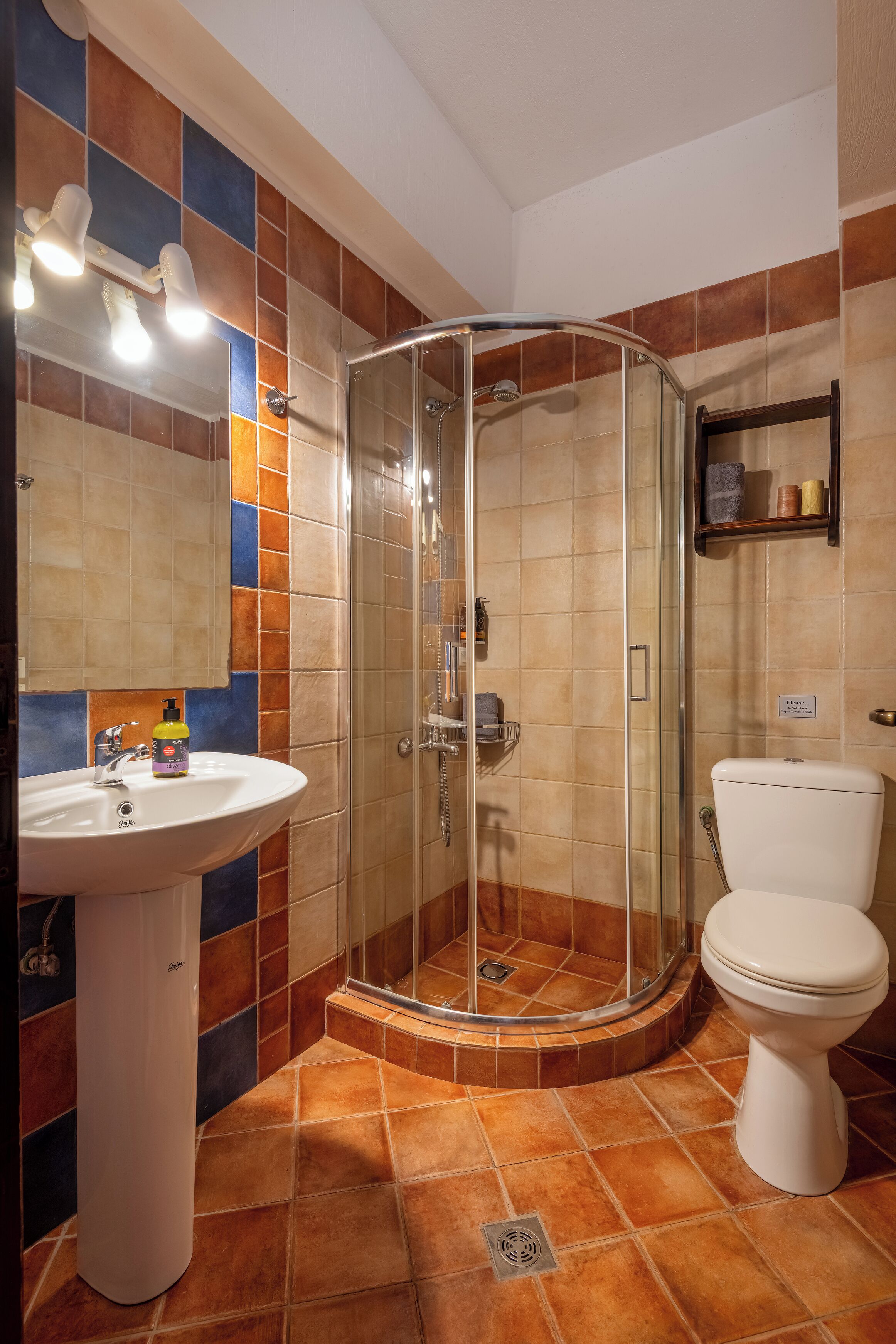 Un baño con ducha envuelta en vidrio, un lavamanos y un inodoro.