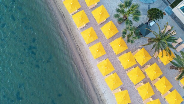 Vista aérea de una playa con hileras de sombrillas amarillas y palmeras.