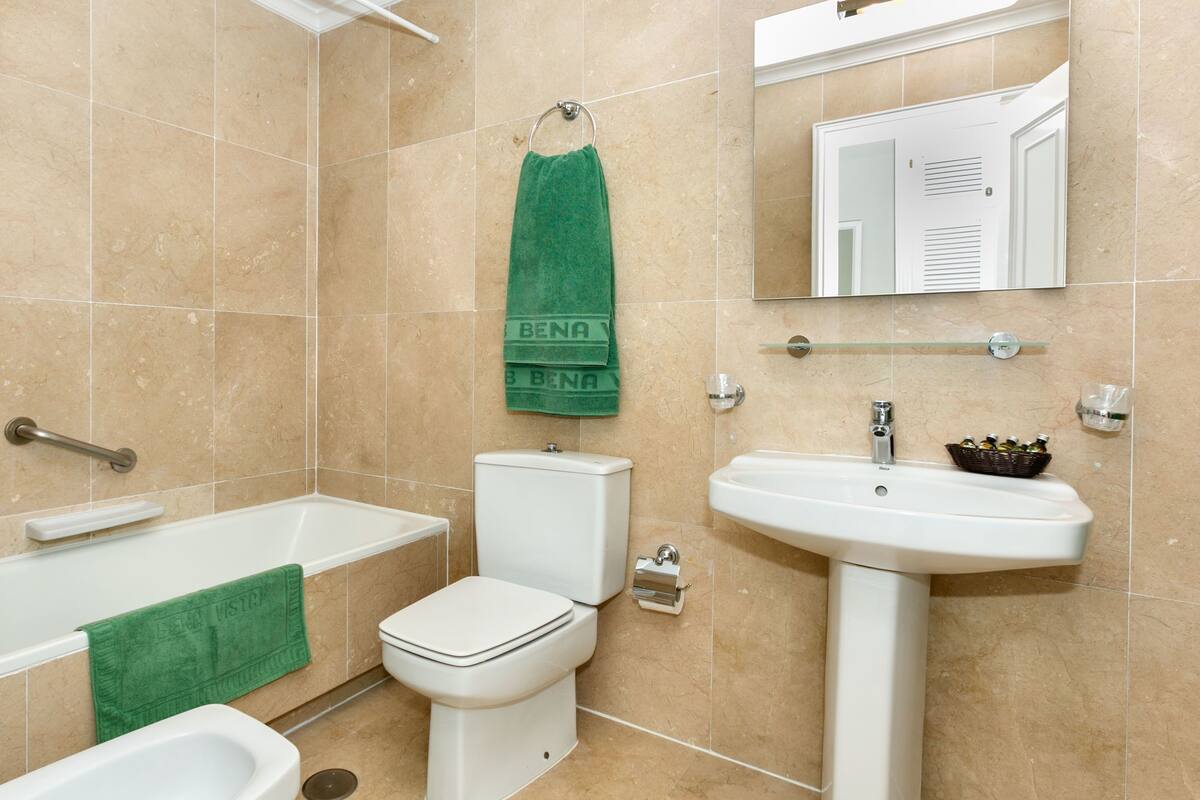 combined shower/bathtub, free toiletries, hair dryer, bidet