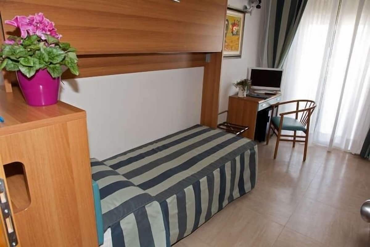 A compact room with a bed, a desk, a chair, and a potted plant.