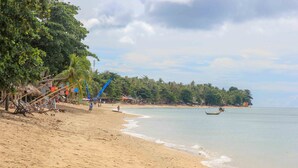 Une plage avec un rivage sablonneux, des palmiers et une mer calme.