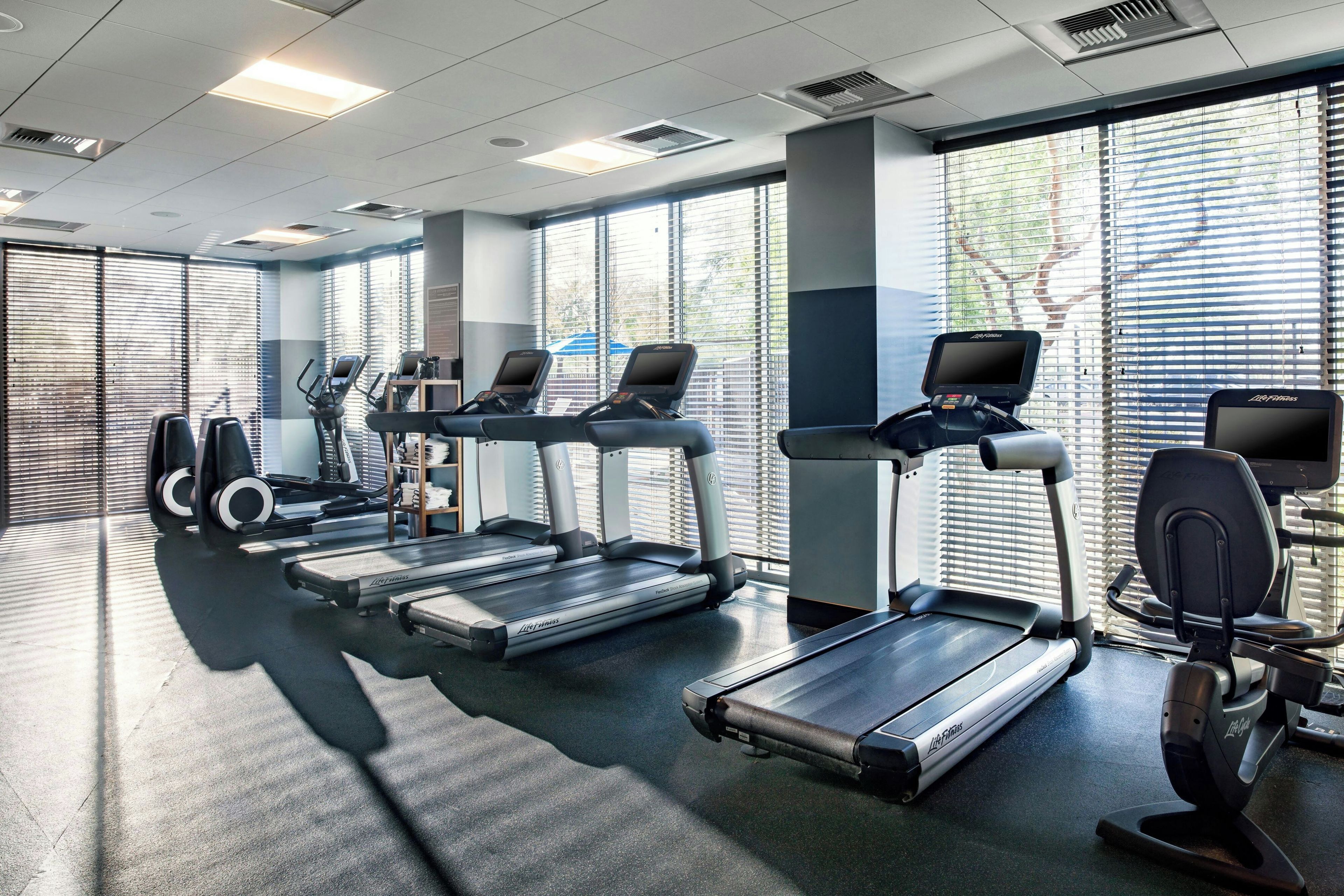 A gym with treadmills, elliptical machines, and exercise bikes.