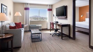 A hotel room with a sofa, a desk, a chair, a TV, and a bed.