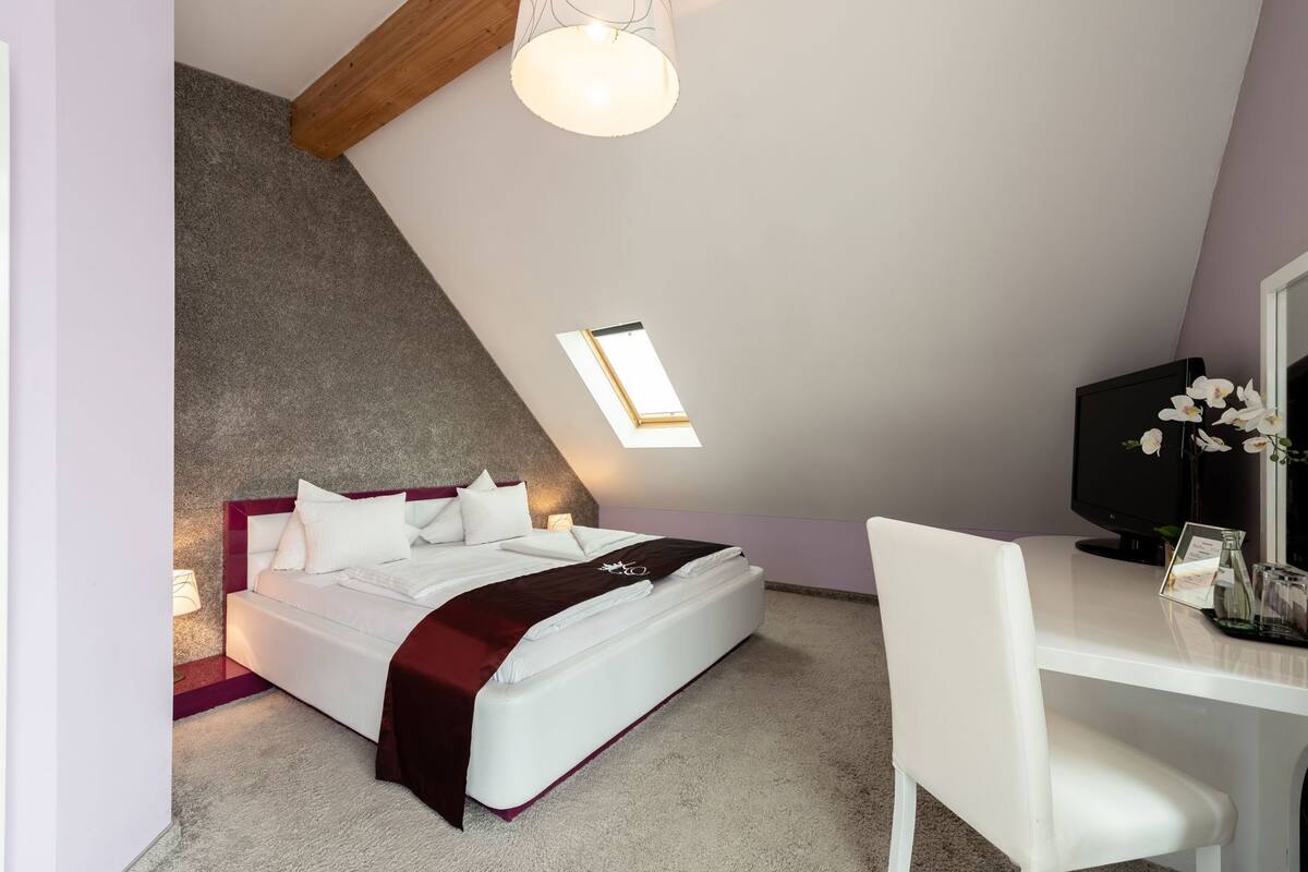 A bedroom with a bed, a desk, a television, and a skylight.