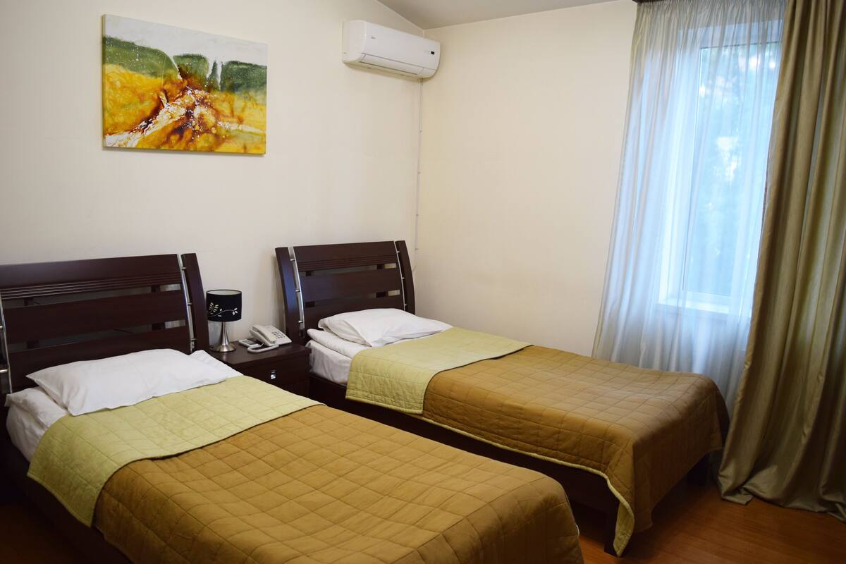 Habitación de hotel con dos camas, un cuadro en la pared, aire acondicionado y una ventana con cortinas.