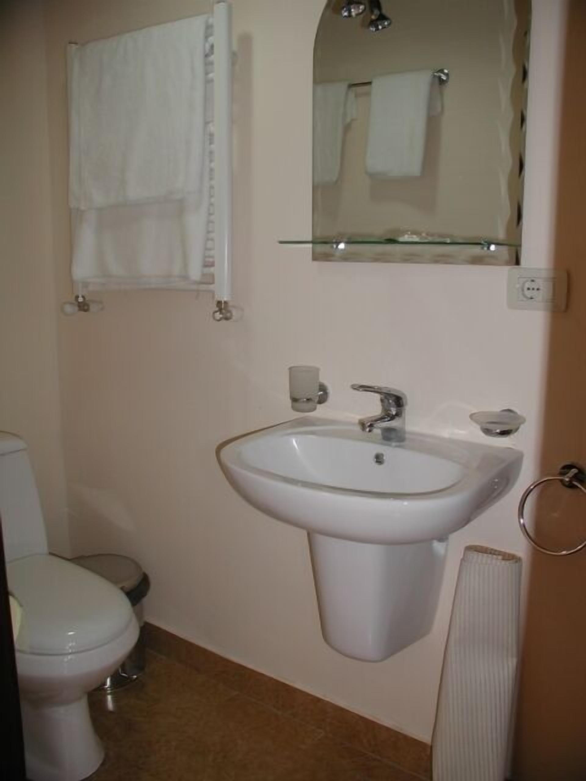 A bathroom with a toilet, sink, and mirror.