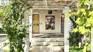 Un’area esterna coperta con un vialetto piastrellato che conduce a una porta decorata con un murale colorato.