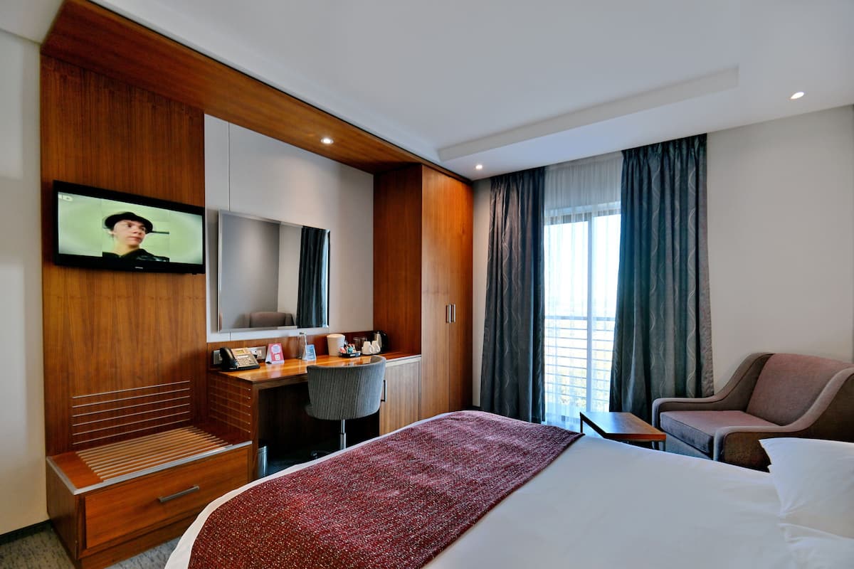 Une chambre d’hôtel comprenant un lit, un bureau avec une chaise, un téléviseur fixé au mur et une fenêtre avec des rideaux.