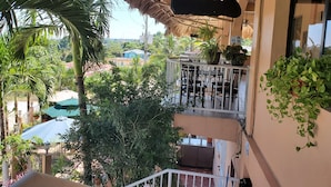 Un balcon doté d’un toit de chaume, agrémenté de plantes en pot, et offrant une vue sur un bâtiment situé au loin.