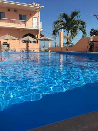 Una piscina al aire libre, sombrillas, sillones reclinables de piscina