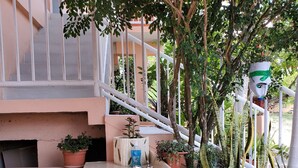 Une salle de bain avec un lavabo, des plantes en pot et un escalier.