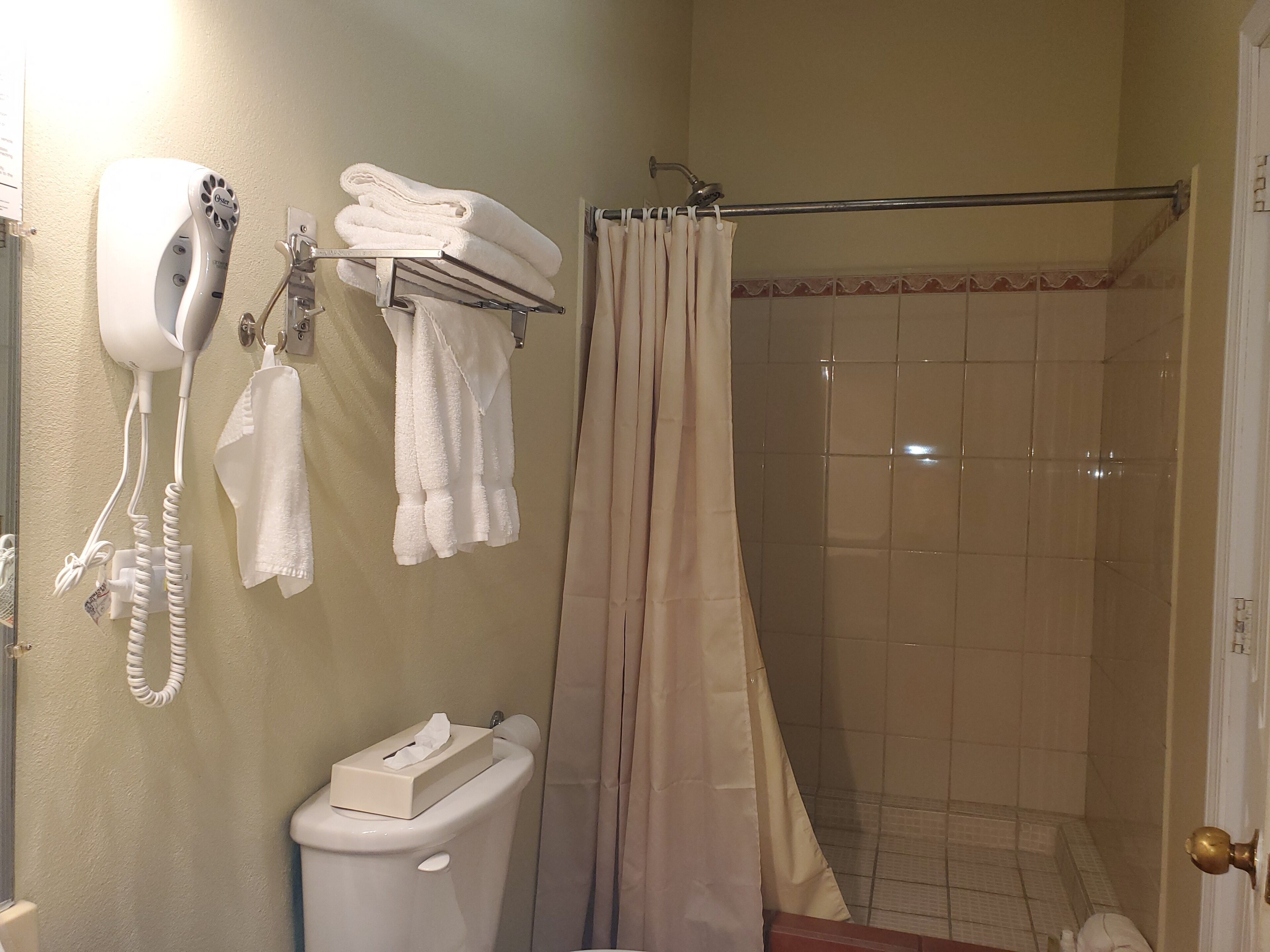 A bathroom with a toilet, a hairdryer, a towel rack with towels, and a shower curtain.