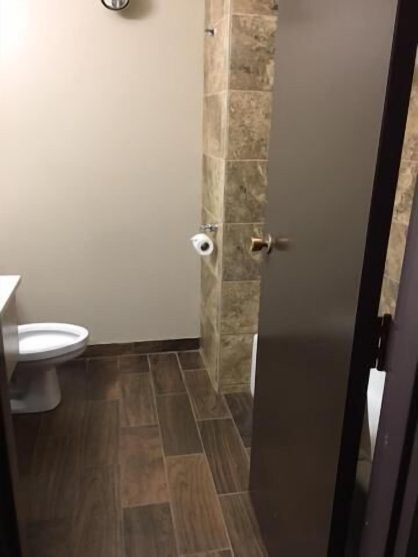 A bathroom with a toilet, a towel rack, and a door.