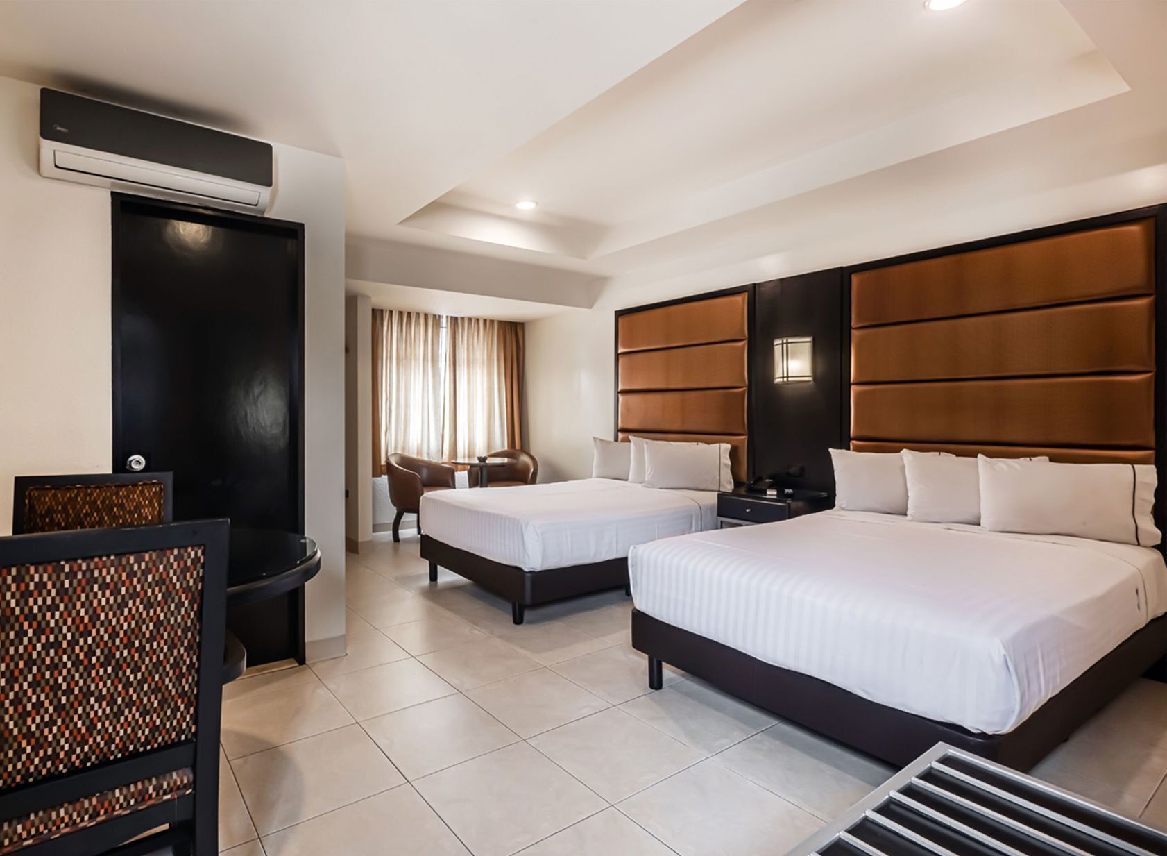 Desk, laptop workspace, blackout curtains, iron/ironing board