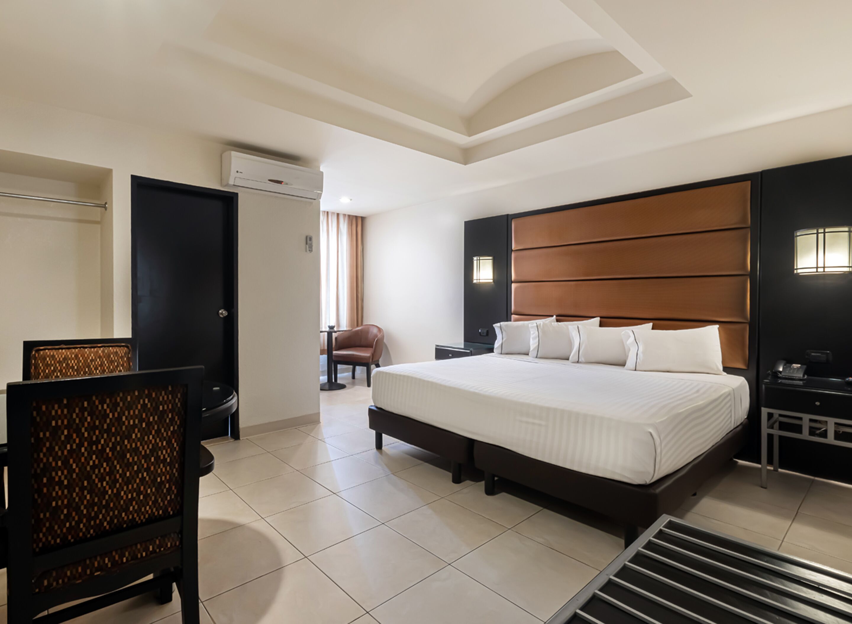 Desk, laptop workspace, blackout curtains, iron/ironing board