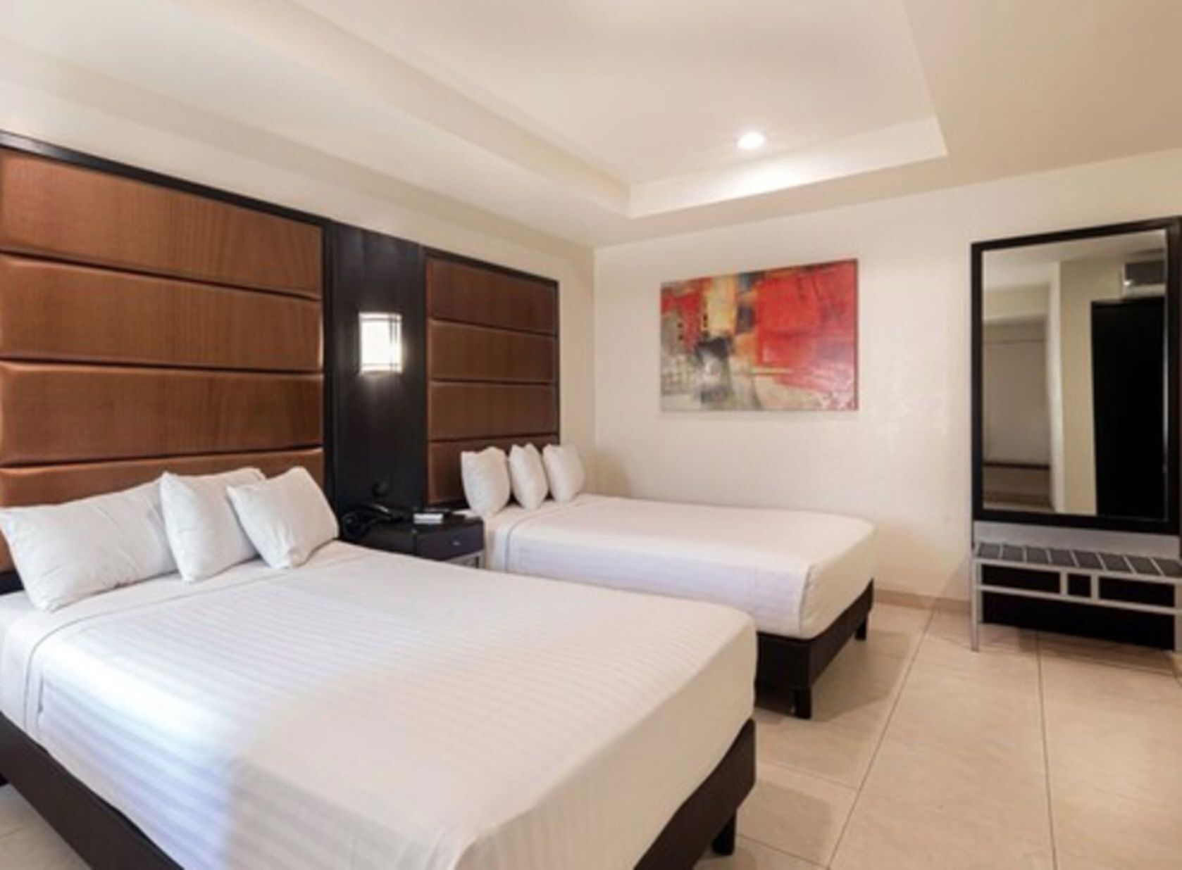 Desk, laptop workspace, blackout curtains, iron/ironing board