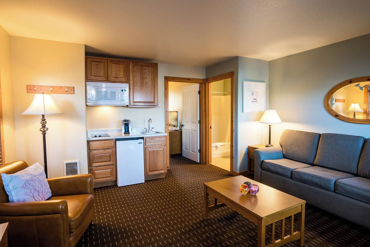 suite, 1 queen bed with sofa bed, kitchenette (1st floor, pet-friendly) | living area | 50-inch flat-screen tv with cable channels, tv, dvd player