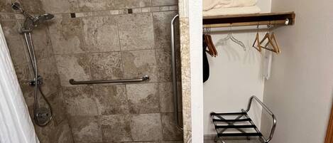 A bathroom with a shower, a towel rack, and a drying rack.
