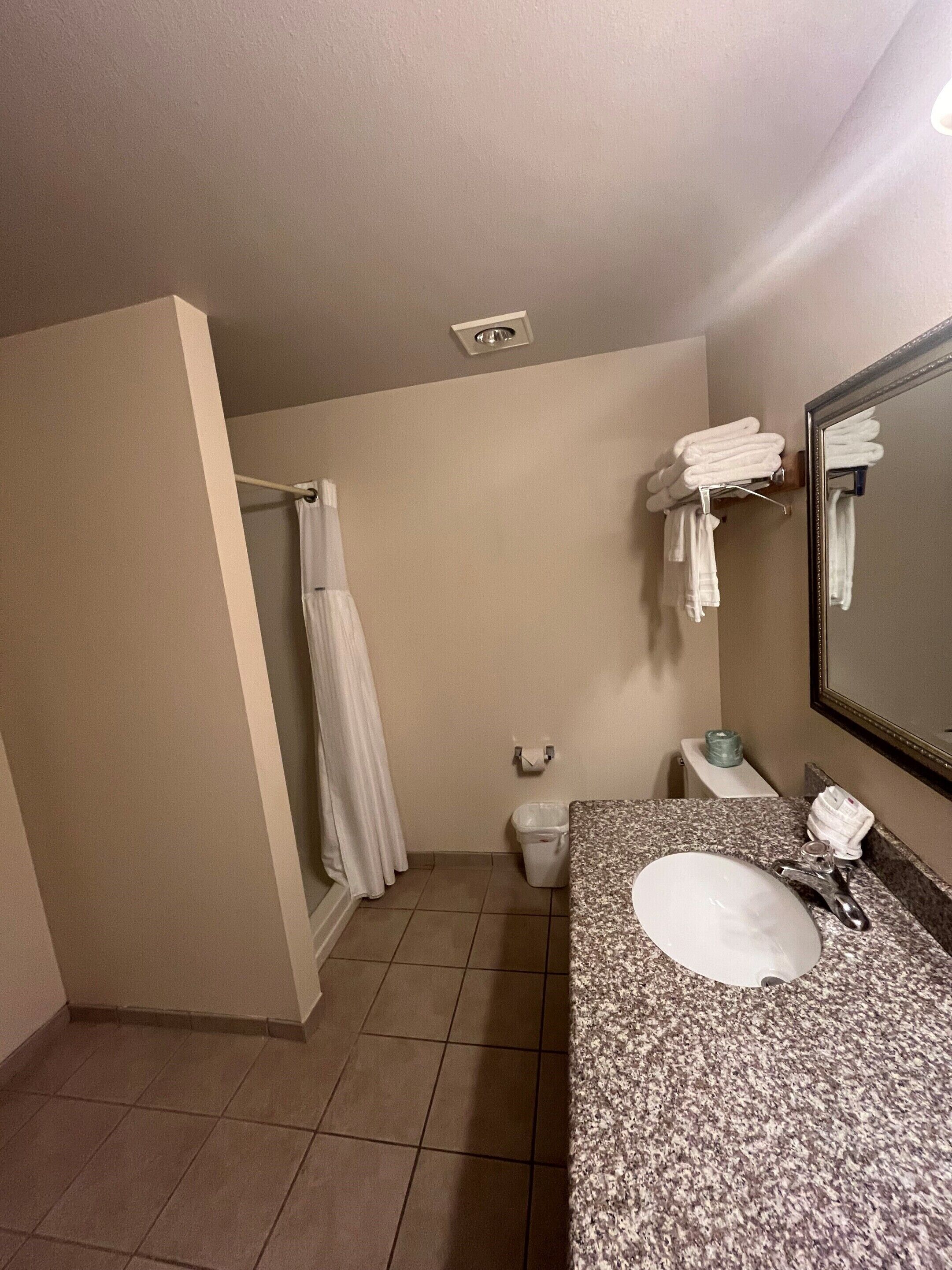 A bathroom with a sink, mirror, towel rack, shower curtain, toilet, and trash can.