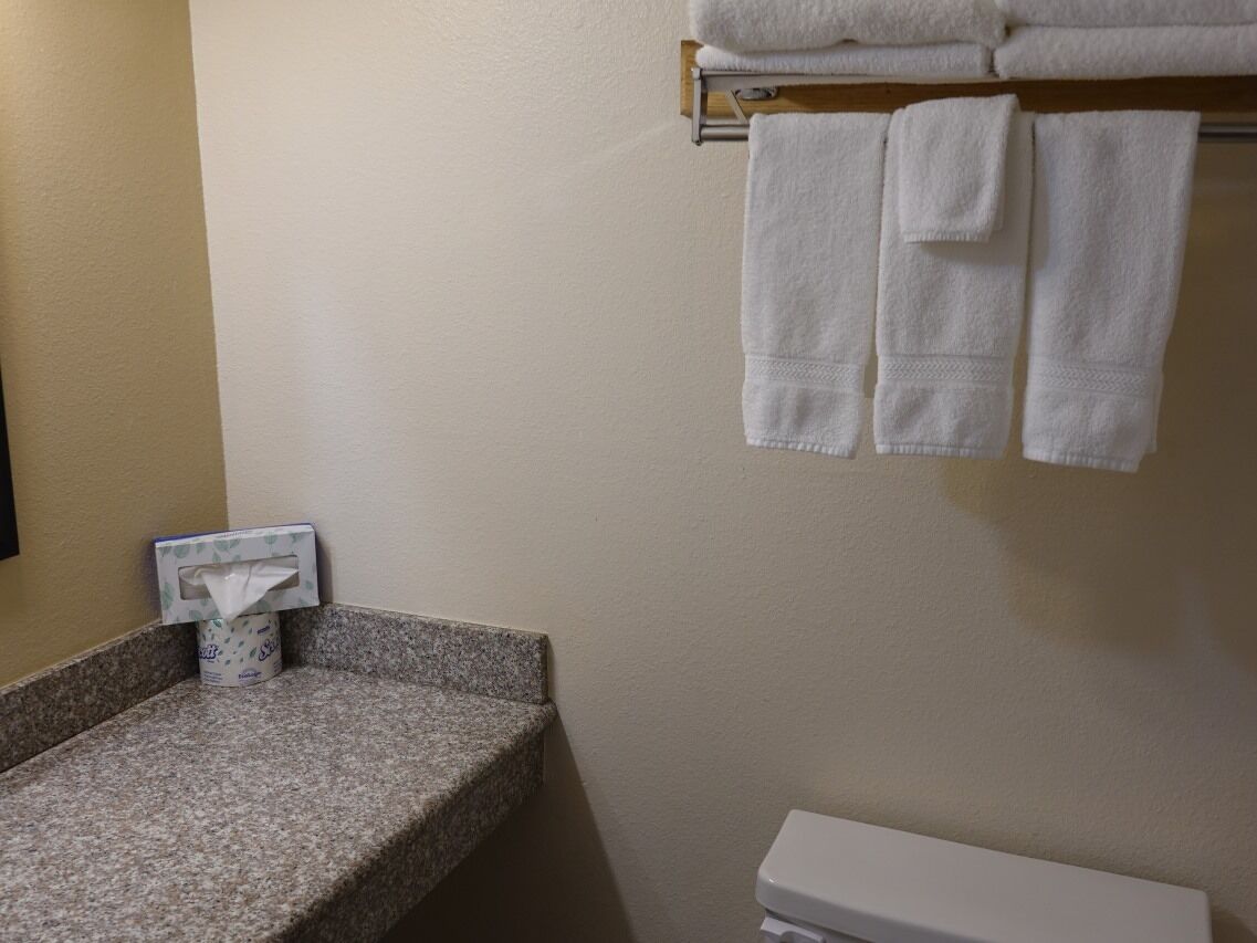 A bathroom with a granite countertop, a tissue box, and a toilet.